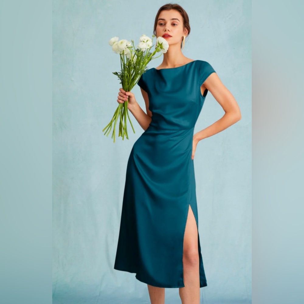 RIHOAS Satin Cap Sleeve Sheath Slit Midi Dress